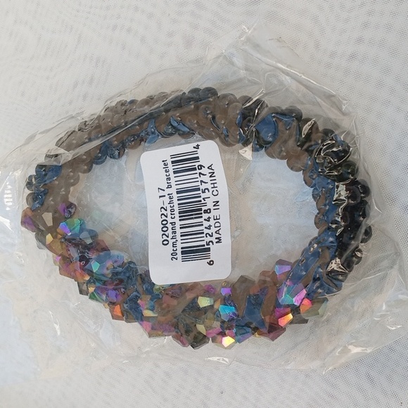 Black n Rainbow  Glass Beads Stretch Hand Crochet Bracelet New - Picture 5 of 5